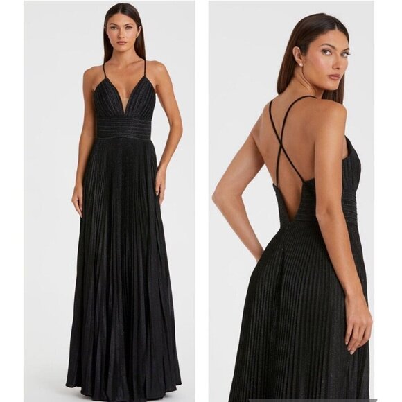 Mac Duggal Size 4 Black Shimmer Pleated V-neck Formal Long Gown Dress 30725 New - Picture 1 of 12